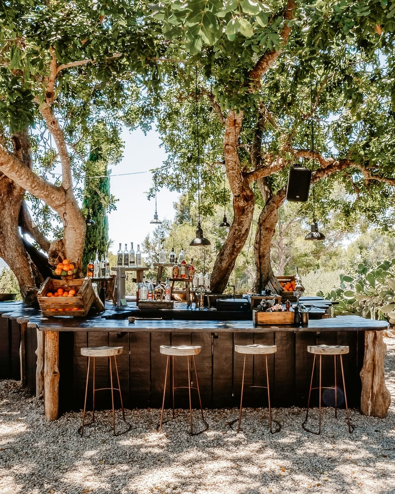 Rustic wooden bar counter with stools under trees in an outdoor kitchen