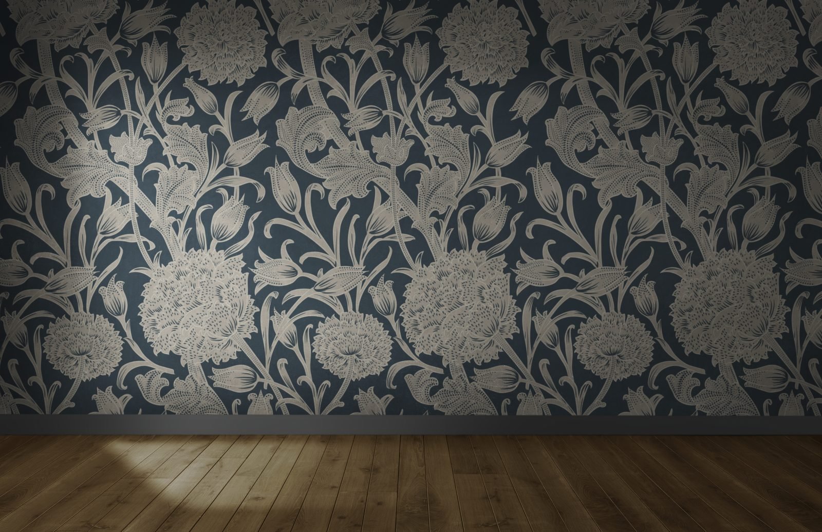 Wall covered in teal and beige large-scale floral wallpaper above a wooden floor