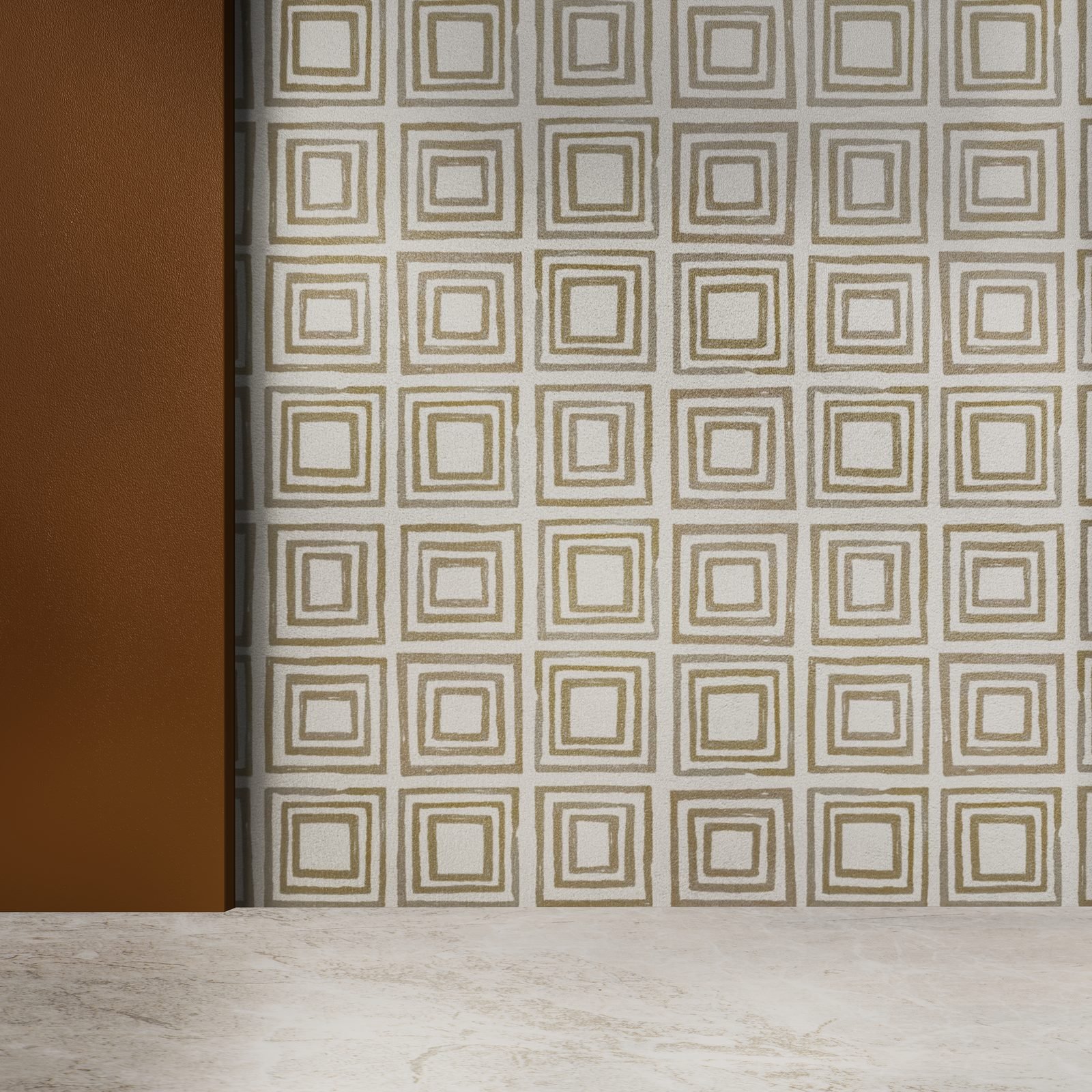 Wall covered in geometric square-pattern wallpaper in gold and white tones