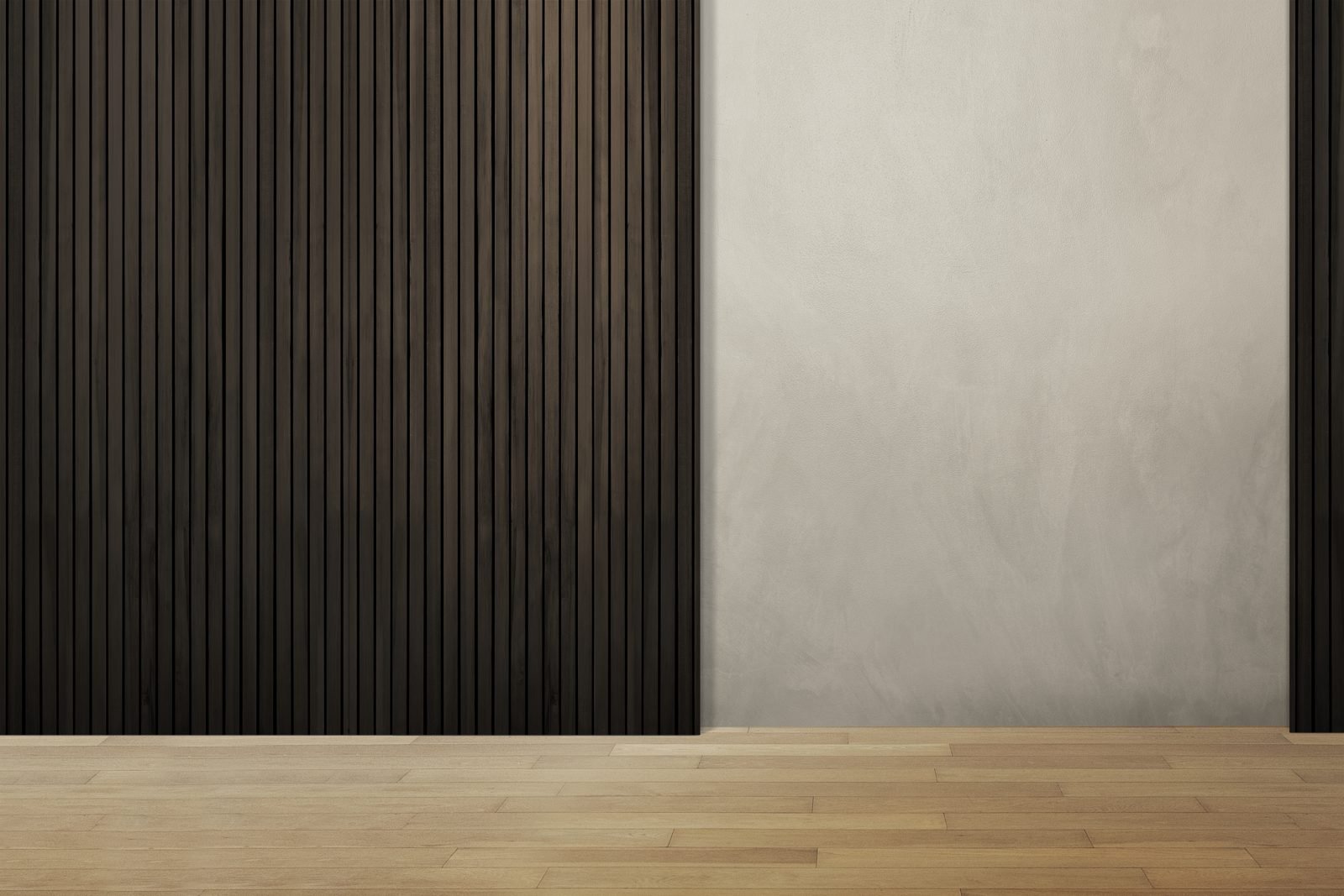 Spacious room with dark slatted wall next to a light plaster wall and wooden floor